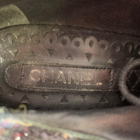 CHANEL Size 6.5 Black Red Grey Tweed Platform Oxford Flats - Picture 7 of 9